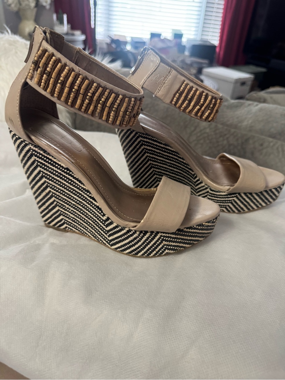 BCBG Beaded Ankle-Strap Wedge Sandals in Beige